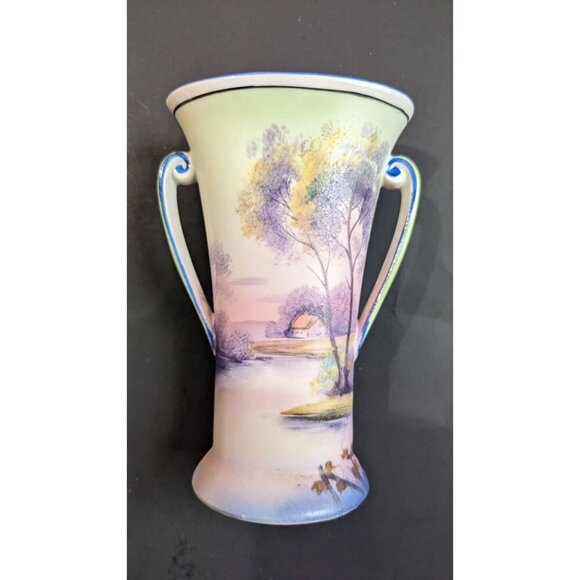 vintage Noritake Morimura Brothers Art Nouveau Double Handled Hand Painted Vase - Picture 5 of 13